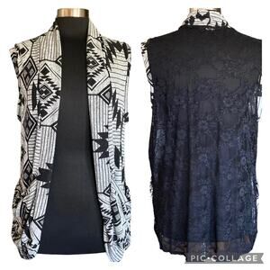 Multimedia Vest Cardigan Black & White Lace Back LARGE Southwest Western Cowgirl